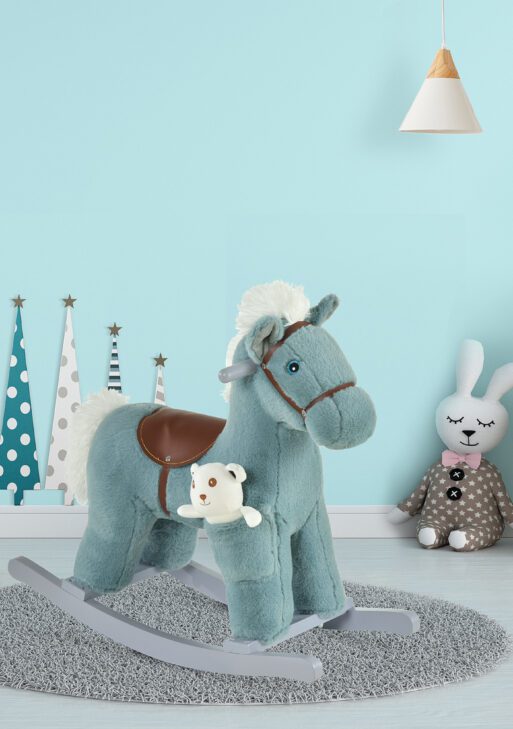 Qaba Kids Plush Ride-On Rocking Horse with Bear Toy, Children Chair with Soft Plush Toy & Fun Realistic Sounds, Blue