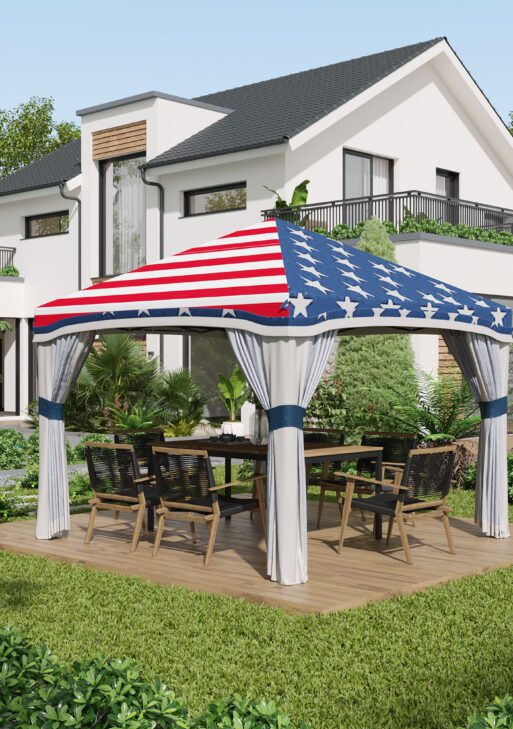 10' x 10' Pop Up Canopy Tent with Netting, Instant Tents for Parties, Height Adjustable, with Wheeled Carry Bag and 4 Sand Bags for Outdoor, Garden, Patio, American Flag