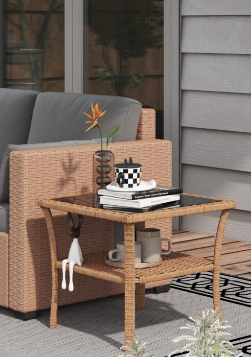 Rattan Side Table, Outdoor End Table with Storage Shelf, Aluminum Frame Square, Coffee Table with Tempered Glass Top, Sand