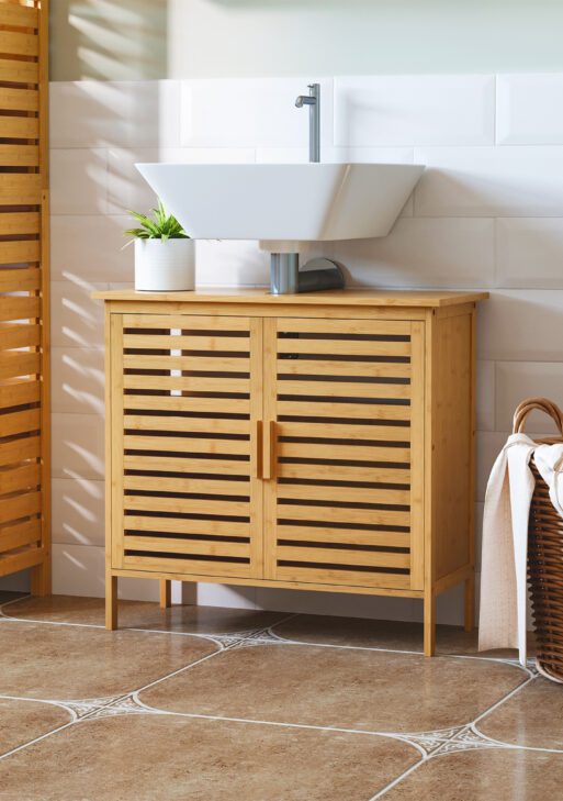 Freestanding Bathroom Sink Cabinet, Bamboo Under Sink Cabinet Cupboard Organizer with 2 Slatted Doors, Natural