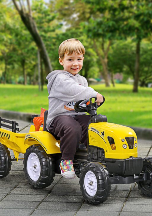 Kids Ride on Tractor with Back Trailer, Shovel & Rake, Horn, Pedal Go Kart for 3 Years Old, Yellow