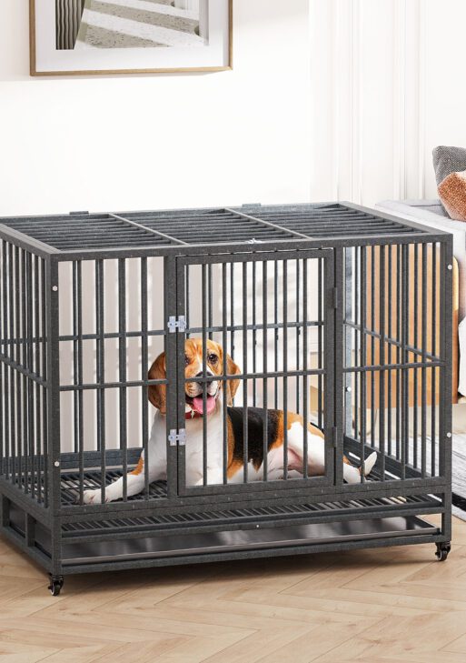 43" Heavy Duty Dog Crate Metal Cage Kennel with Lockable Wheels, Double Door and Removable Tray, Gray