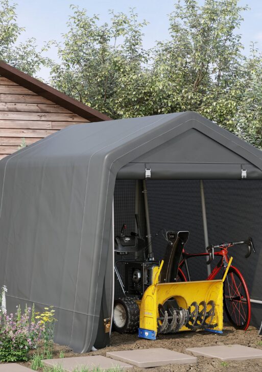 9.2' x 7.9' Garden Garage Storage Tent, Metal Frame Bike Shed w/ Zipper Doors
