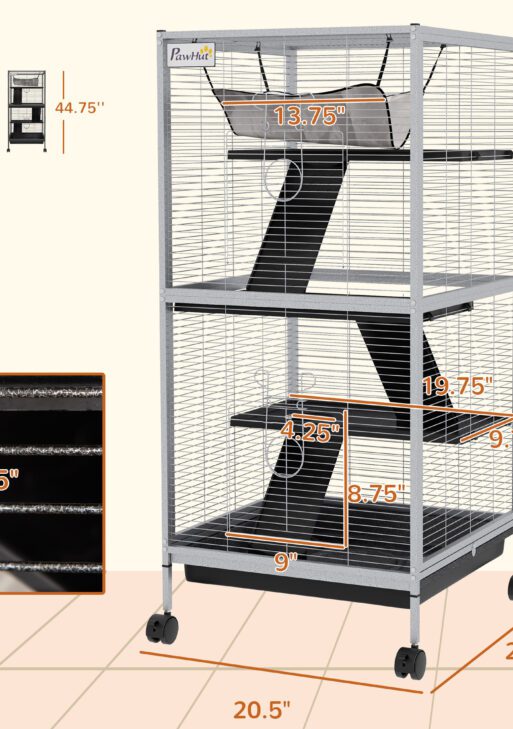 45" H Rolling Small Animal Cage with Hammock, Ferret Cage, Chinchilla Cage, Pet Habitat with 6 Doors, Removable Tray
