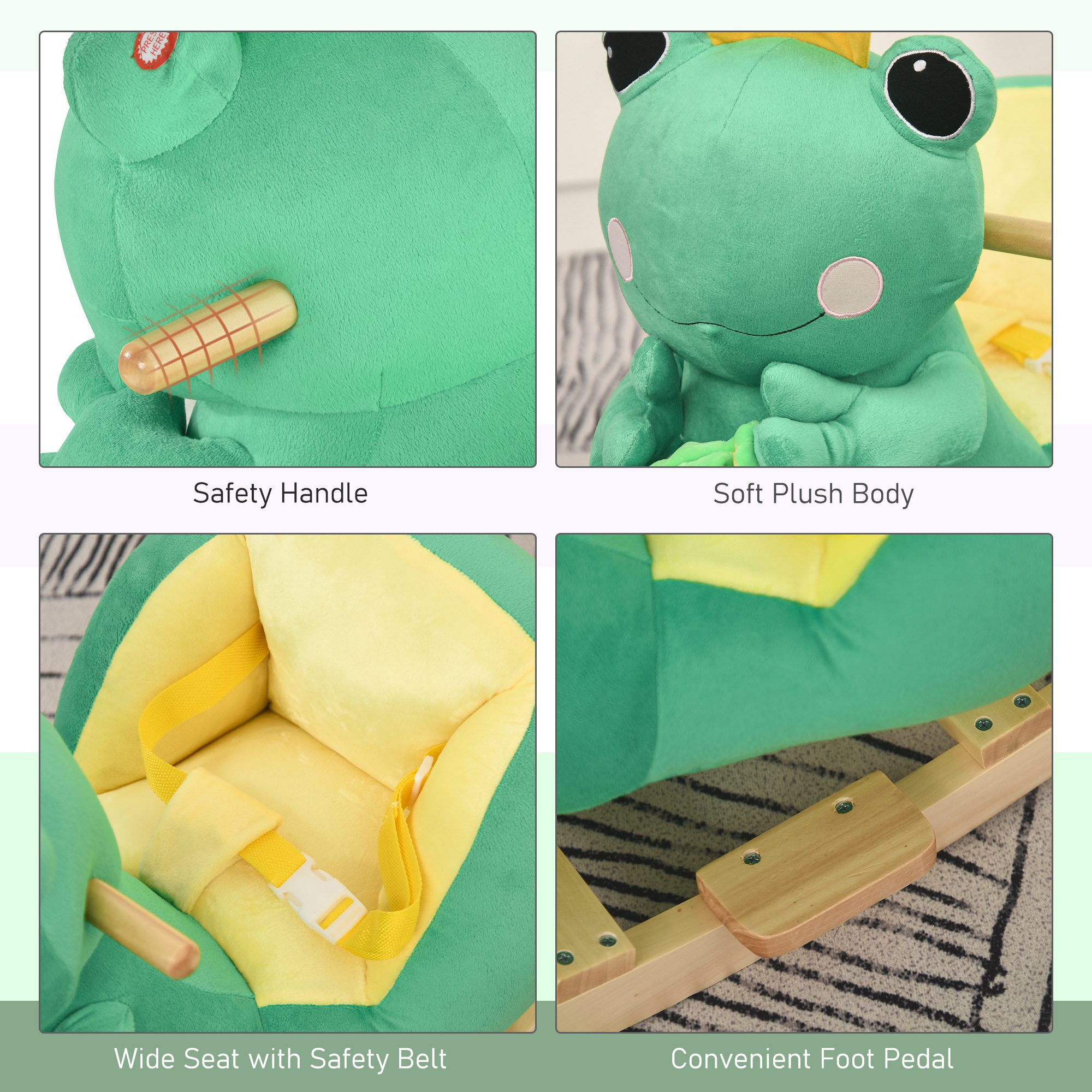 Kids Ride-On Rocking Horse Toy Frog Style Rocker with Fun Music, Seat Belt & Soft Plush Fabric Hand Puppet for Children 18-36 Months - Image 5