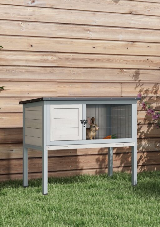 Elevated Rabbit Hutch, Wooden Bunny Cage with Hinged Asphalt Roof and Removable Tray, for Indoor/Outdoor, Gray