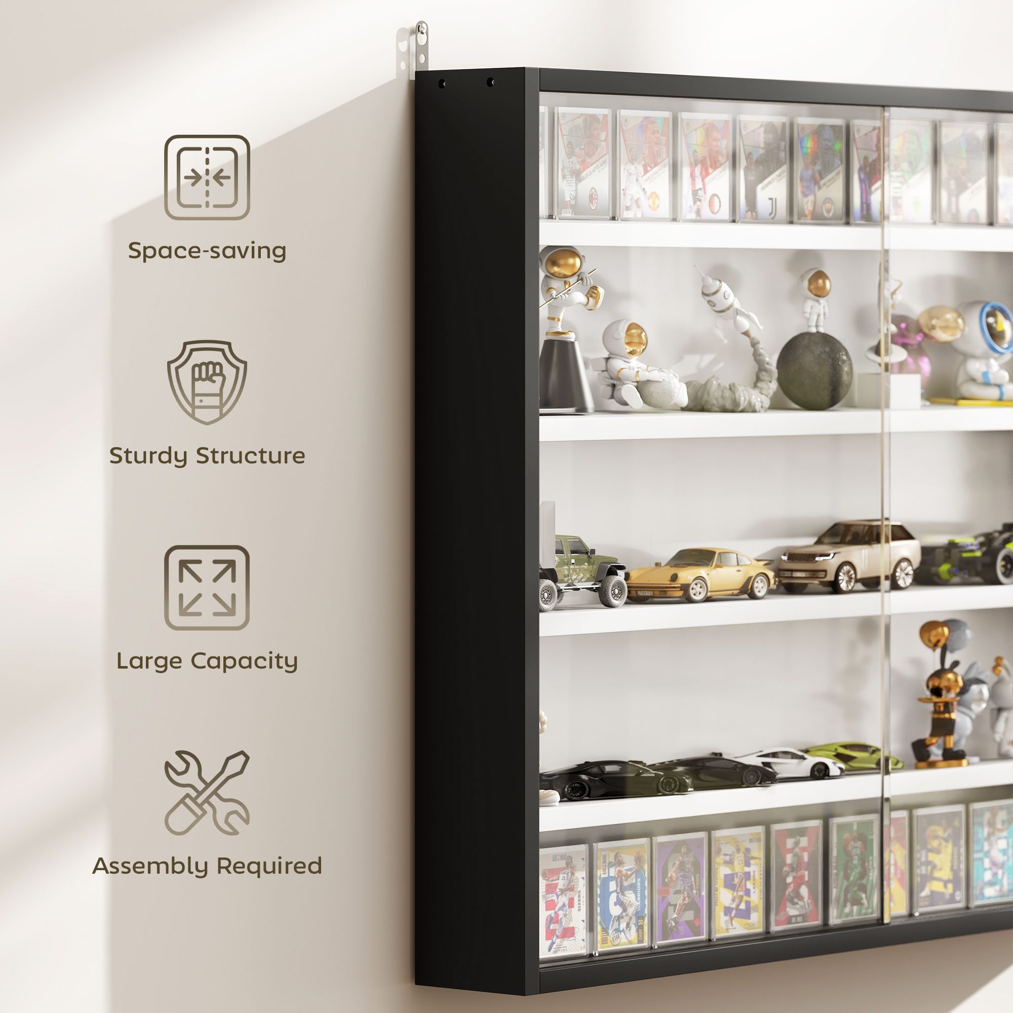 5-Tier Display Cabinet, Wall-Mounted Display Case with 2 Glass Doors and Adjustable Shelves, Black - Image 4