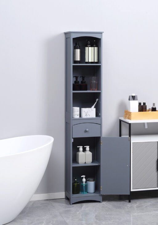 Bathroom Storage Cabinet, Free Standing Bathroom Storage Unit, Tall Linen Tower with 3-Tier Shelves and Drawer, Grey