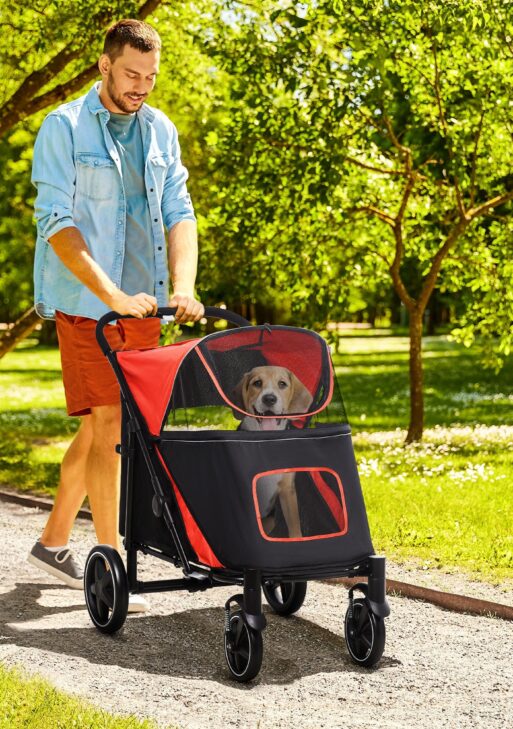 Dog Stroller for Large Medium Small Dogs up to 66 Lbs. 23.5" in Body Length, One-Click Foldable Pet Cat Stroller with Storage, Shock Absorption Wheels, Mesh Window, Safety Leash, Red
