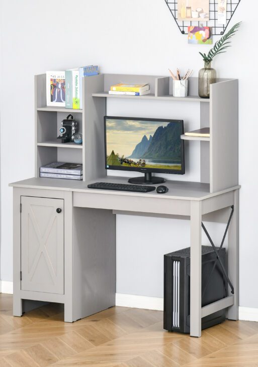 Computer Desk W/ Hutch, Home Office Desk W/ Storage Cabinet, Light Grey