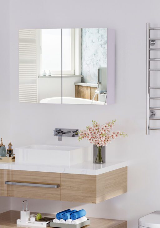 Double Door Wall Mounted Bathroom Mirror, 31.5" x 23.5" Medicine Cabinet with Modern Design, Large Storage, & Quiet Hinges