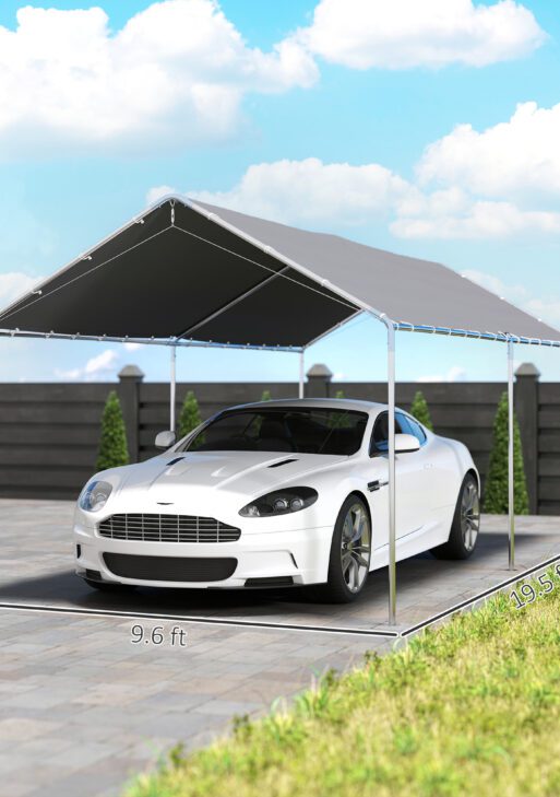 9.6' x 19.5' Carport Heavy Duty Galvanized Car Canopy w/ Included Anchor Kit, 3 Reinforced Steel Cables, Gray