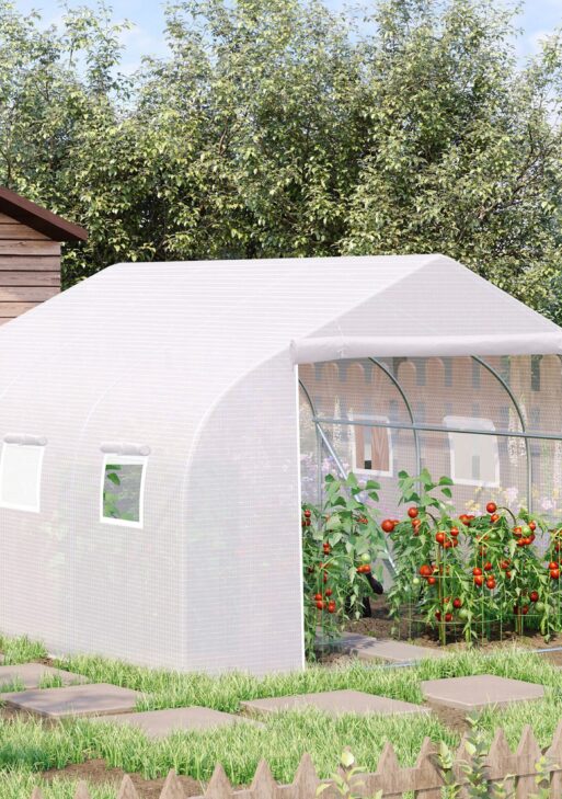 11.5' x 10' x 6.5' Outdoor Walk-in Greenhouse, Tunnel Green House with Roll-up Windows, Zippered Door, PE Cover, Heavy Duty Steel Frame, White