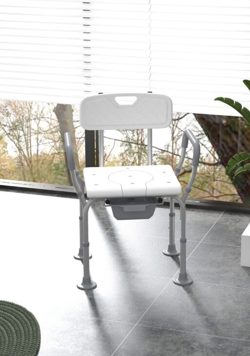 3-in-1 Shower Chair with Back and Arms, Height Adjustable Bedside Commode, Raised Toilet Seat with Non-Slip Rubber Foot Pad for Seniors, Disabled, White