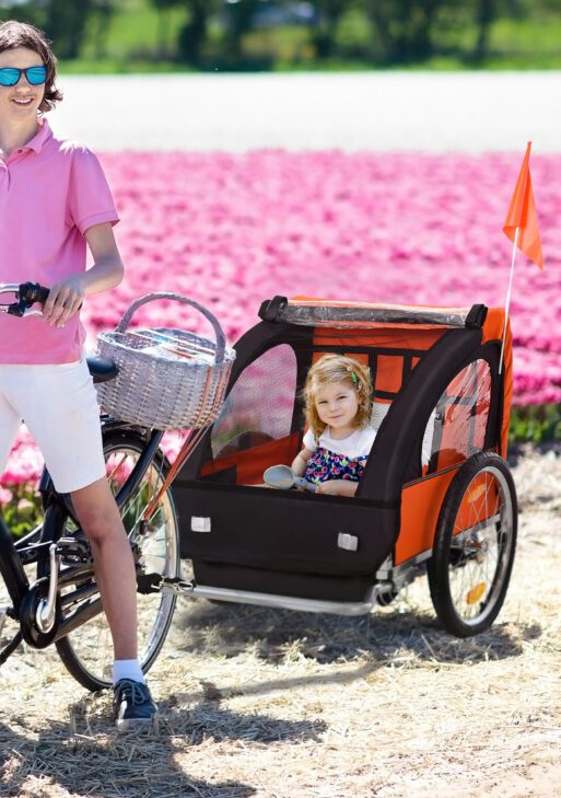 2-Seat Child Bike Trailer for Kids with a Strong Steel Frame, 5-Point Safety Harnesses, & Comfortable Seat, Orange