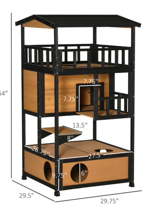 Wooden Outdoor Cat House, Feral Cat Shelter Kitten Condo with Asphalt Roof, Escape Doors, Condo, Jumping Platform, Yellow