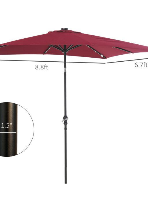 9' x 7' Solar Umbrella, LED Lighted Patio Umbrella for Table or Base with Tilt & Crank, Outdoor Umbrella for Garden, Deck, Backyard, Pool, Beach, Wine Red
