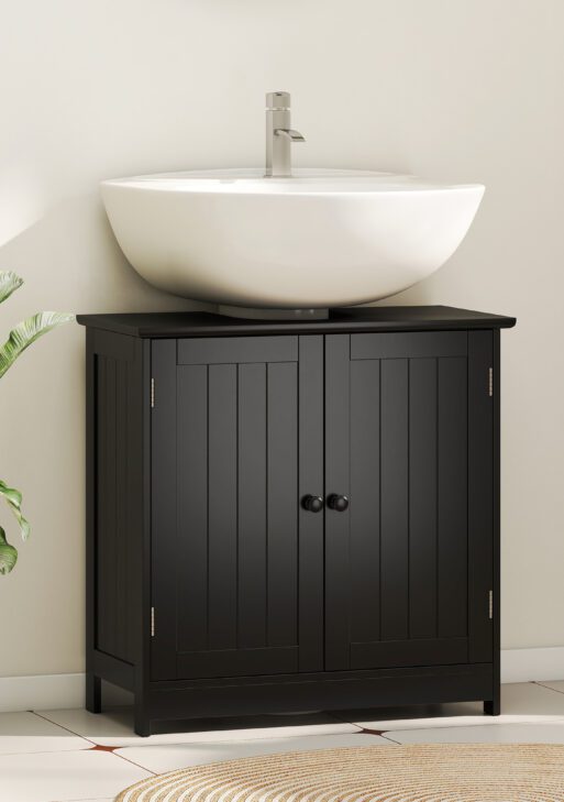 Under Sink Bathroom Cabinet, Pedestal Sink Storage Cabinet with 2 Doors, Shelf and U-Shape, Black