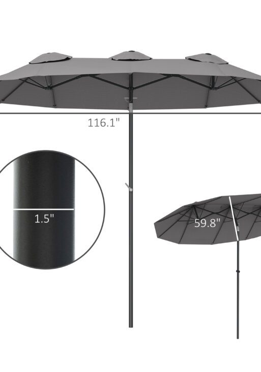 Double Sided Patio Umbrella, 9.7' Large Outdoor Market Umbrella with Push Button Tilt and Crank, 3 Air Vents and 12 Ribs, for Garden, Deck, Pool, Gray