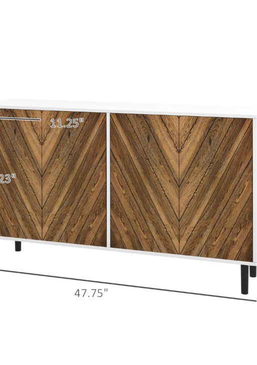 Sideboard Cabinet Kitchen Buffet Cabinet with Adjustable Shelves, 4 Chevron Doors and Pine Wood Legs, Brown
