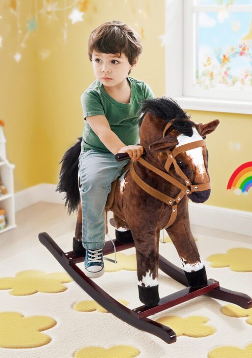 Kids Wooden Plush Ride-On Rocking Horse Chair Toy with Realistic Sounds Dark Brown/White