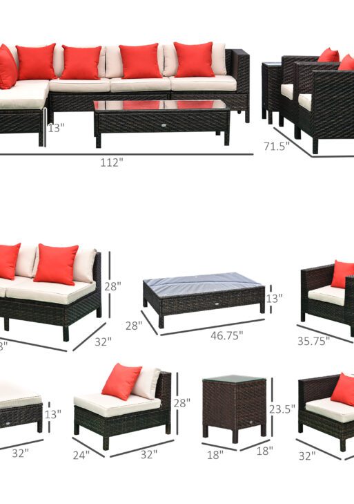 Patio Furniture Set, 9 Piece Outdoor Sectional Sofa, All-Weather PE Rattan Wicker Conversation Set with Chairs, Ottoman, Loveseat, Coffee and Side Table, Cushions, Sand