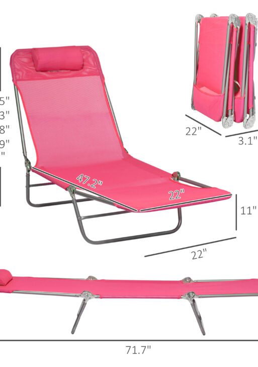 2 Piece Folding Chaise Lounge Chairs, Pool Sun Tanning Chairs with Reclining Back, Breathable Mesh Seat, Headrest for Beach, Yard, Patio, Pink