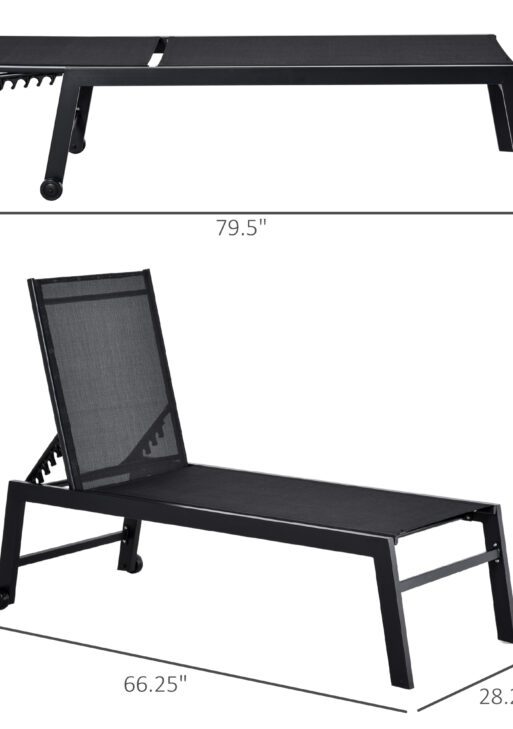 Outdoor Chaise Lounge with Wheels, Five Position Recliner for Sunbathing, Suntanning, Steel Frame, Breathable Fabric for Beach, Yard, Patio, Black