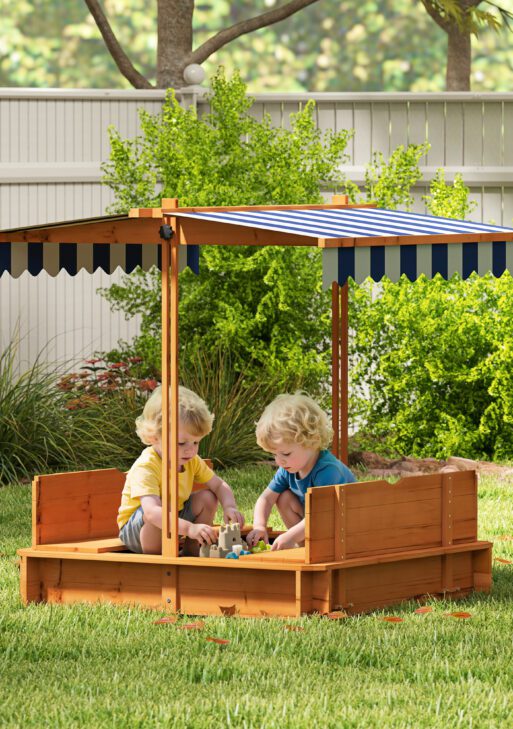 Wooden Kids Sandbox with Cover, Children Outdoor Sand Box with Foldable Bench Seats and Adjustable Canopy, Brown