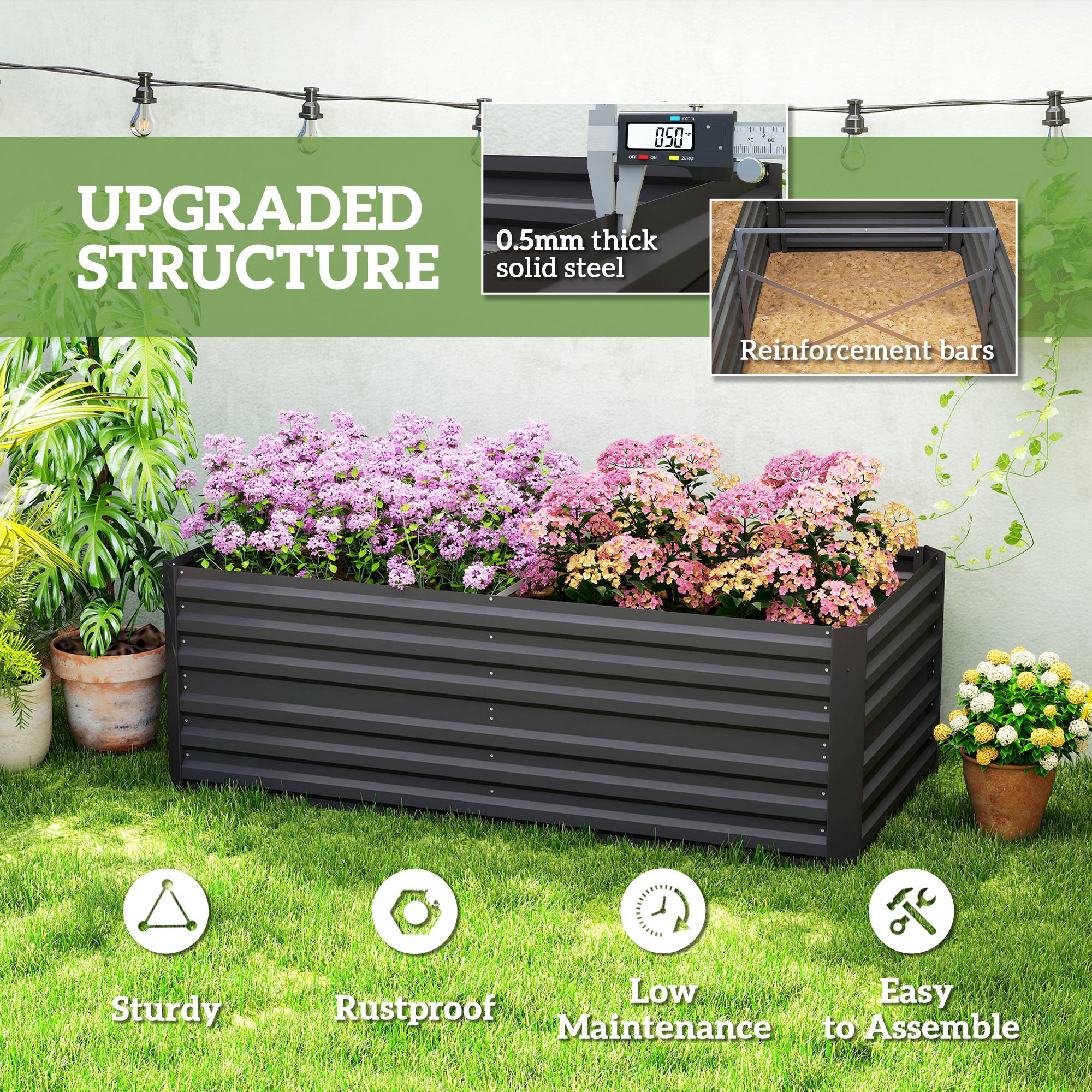 Galvanized Raised Garden Bed, Steel Outdoor Planters with Reinforced Rods, 71" x 36" x 23", Black - Image 3