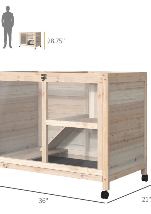 Rabbit Hutch with Wheels, Desk and Side Table Sized, Wooden Rabbit Cage, Waterproof Small Bunny Cage with Removable Tray, Openable Roof, for Rabbits, Chickens, Ducks, Indoor/Outdoor, Natural