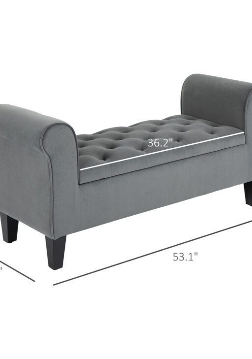 Button-Tufted Storage Ottoman Bench, Upholstered Bench with Rolled Armrests for Living Room or Hallway, Gray