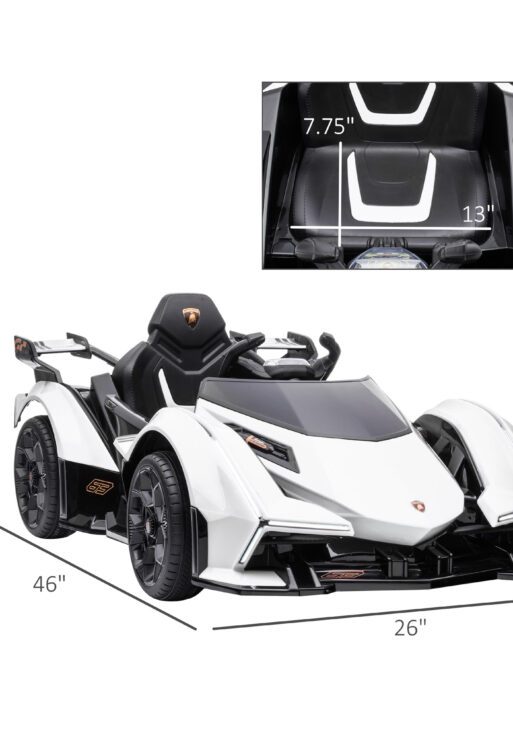 12V Electric Ride-on Car, Licensed Lamborghini V12 Vision Gran Turismo Battery-Powered Ride-on Toy with Remote Control, Music, LED Lights, for 3-6 Year Old Boys and Girls, White