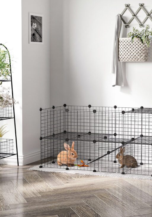 36 Panels Small Animal Playpen with Door, DIY C & C Cage for Guinea Pigs with Ramp, Portable Metal Wire Yard for Rabbit, Hedgehogs, 14 x 14 in