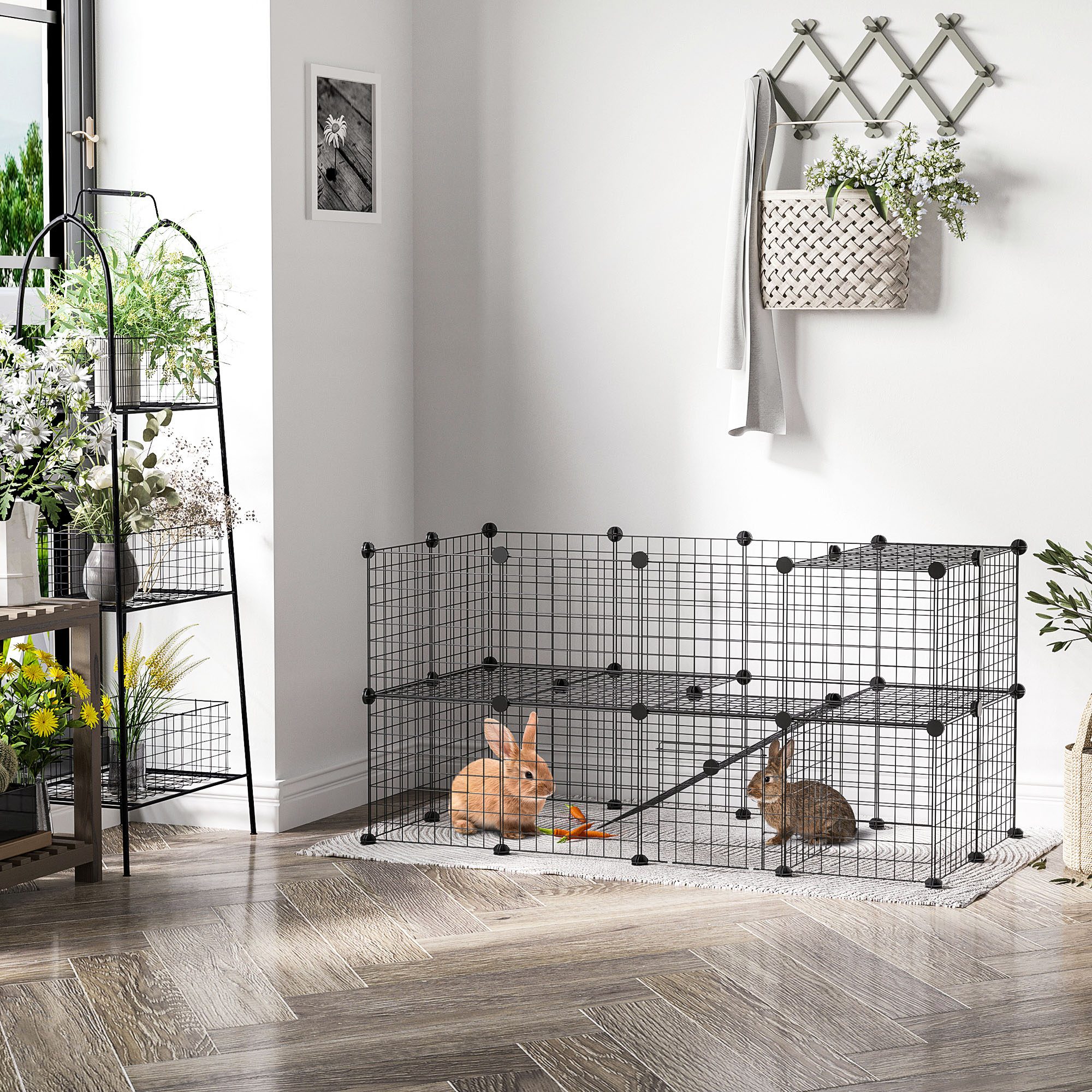36 Panels Small Animal Playpen with Door, DIY C & C Cage for Guinea Pigs with Ramp, Portable Metal Wire Yard for Rabbit, Hedgehogs, 14 x 14 in