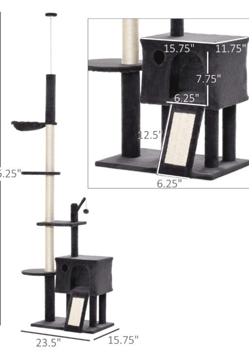 106" Huge Cat Tree Floor-to-Ceiling, Cat Climbing Tower, Kitty Activity Center with Scratching Post Board, Hammock, Hanging Ball, Rest Dark Gray