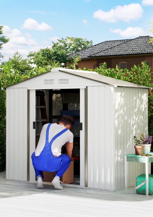 7x4 Garden Shed, Storage Shed with 4 Vents & 2 Sliding Doors, Garden Tool House for Backyard, Patio, Garage, Lawn,White