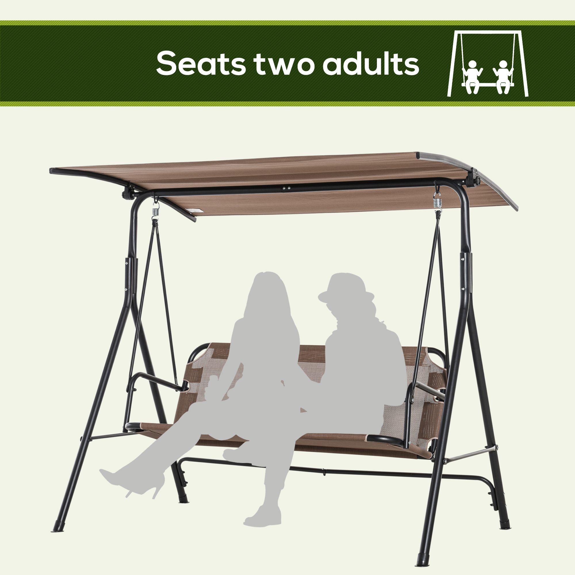 2-Seater Patio Swing Chair, Outdoor Adjustable Canopy Porch Swing with Armrests, Texeline Fabric and Steel Frame, Brown - Image 2