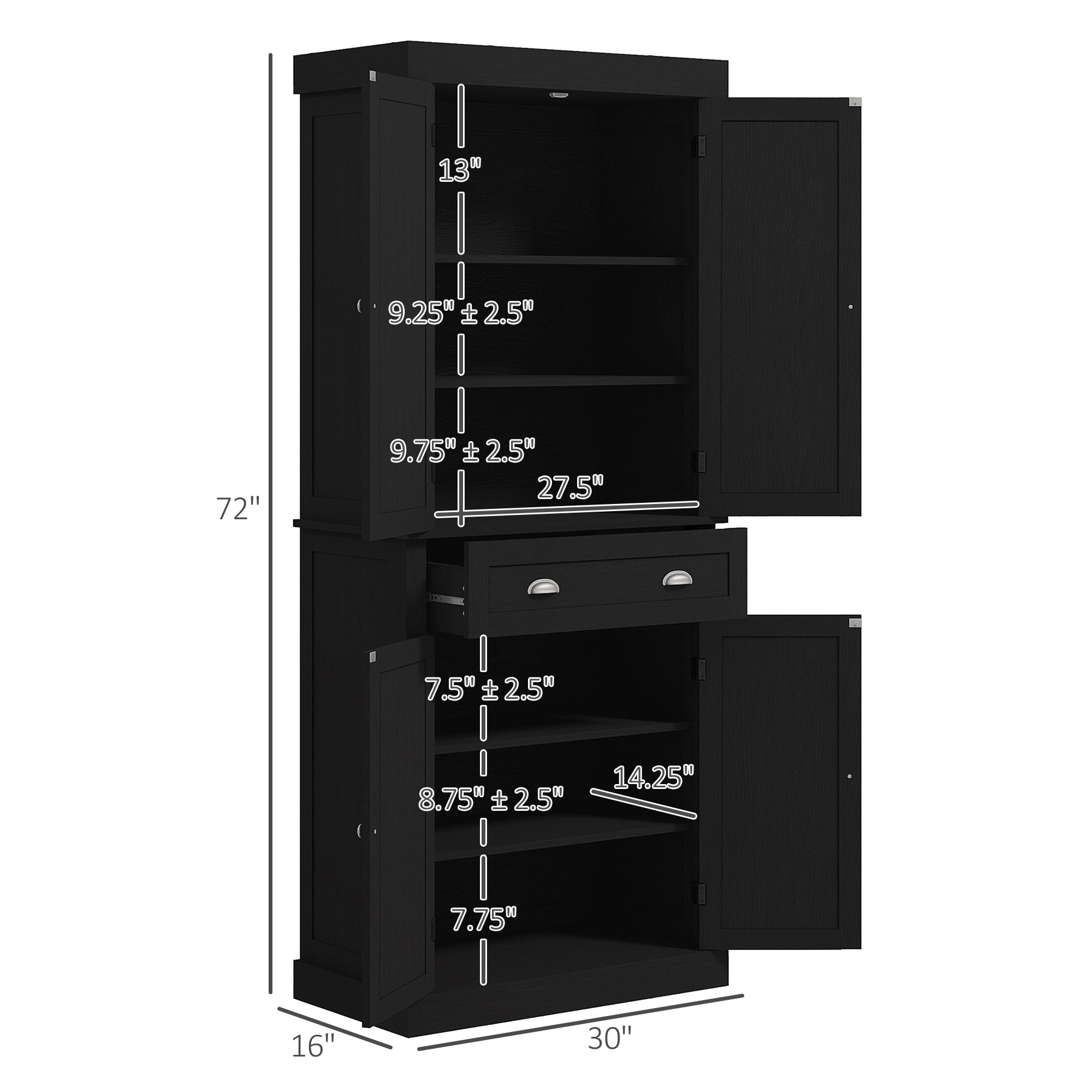 72.5" Kitchen Cabinet, Pantry Storage Cabinet with Doors and Shelves, Freestanding Food Pantry Cabinet, Black Wood Grain - Image 1