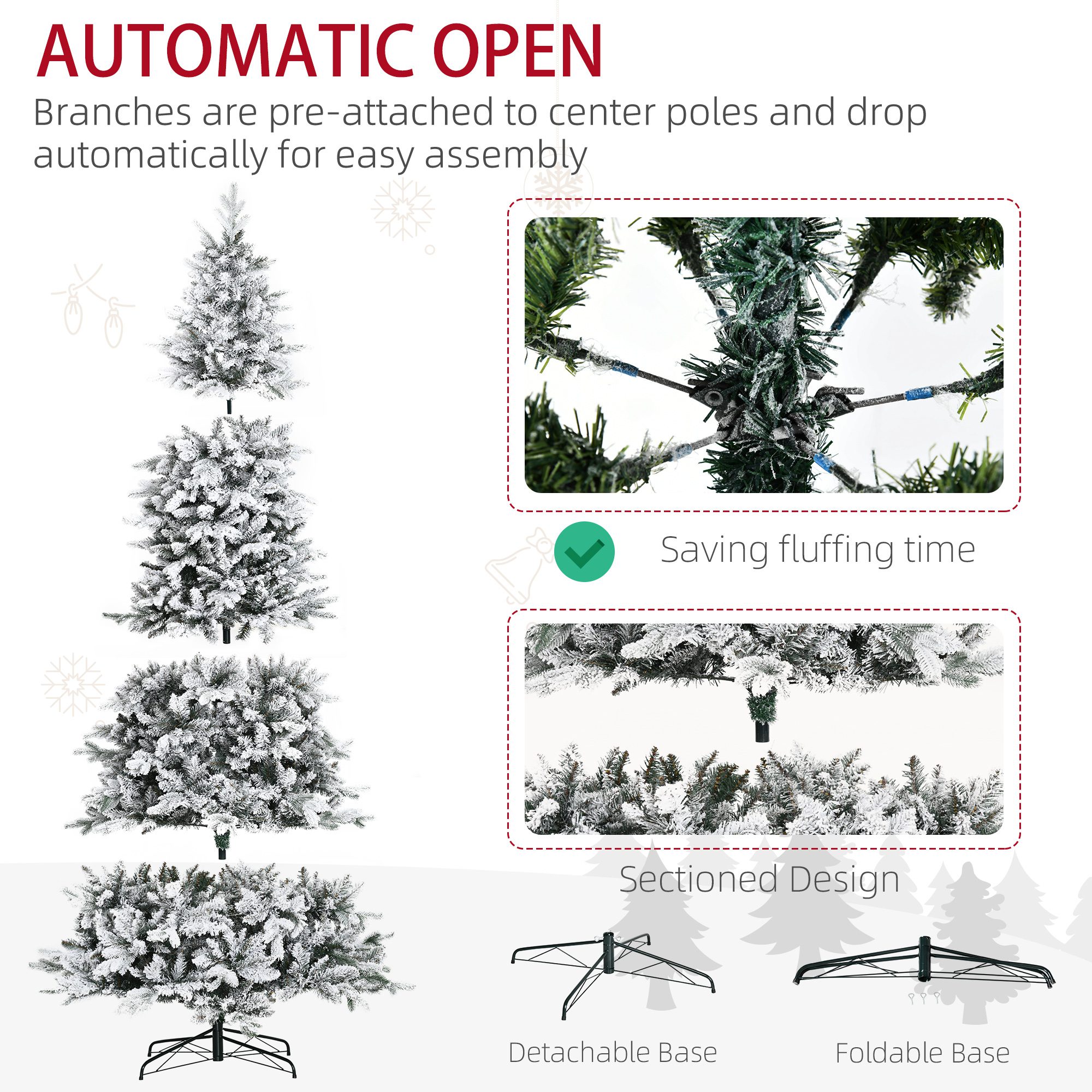 9 Foot Pine Snow Flocked Artificial Christmas Tree with 616 Realistic Cedar Branches, Auto Open, Home Holiday Decoration, Green - Image 4