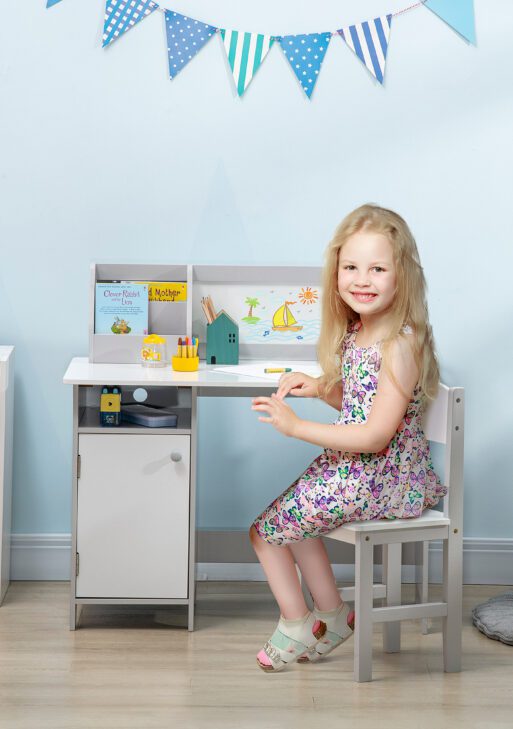 Toddler Table and Chair Set, Kids Writing Desk Homework Table with Whiteboard, Storage Cabinet, Gray