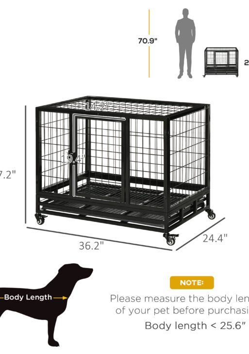 36" Heavy Duty Dog Crate with Removable Tray, Lockable Wheels and Double Door, for Medium and Large Dogs, Black