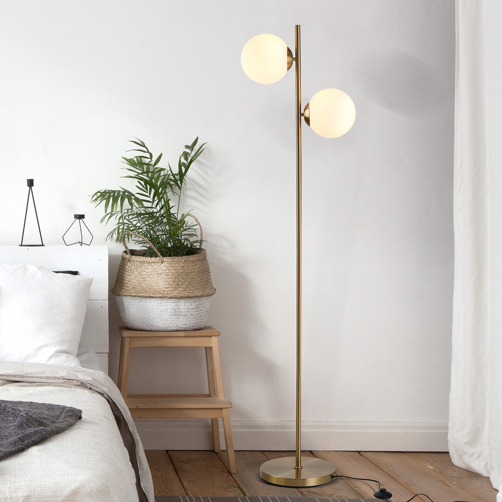 Floor Lamp w/ 2pcs Glass Lamp Shade Modern Portable Decorative Lamp, White