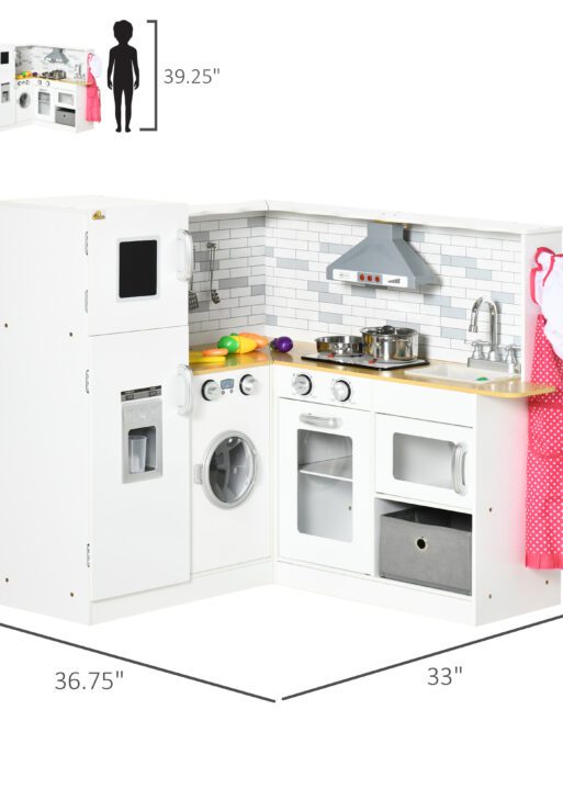 Corner Play Kitchen Set with Sound Effects and Tons of Countertop Space, Large Wooden Kitchen with Washing Machine, Food Toys, Ice Maker, Kids Kitchen, Ages 3-6, White
