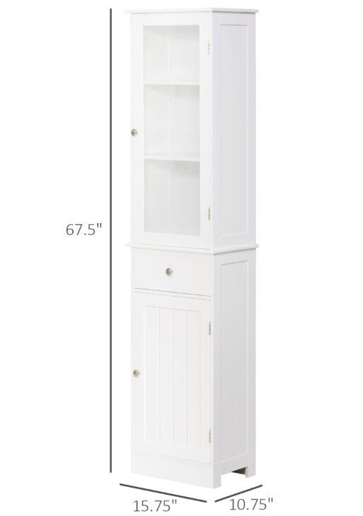 Slim Bathroom Storage Cabinet, Tall Bathroom Cabinet, Narrow Linen Tower with Acrylic Door, Drawer and Shelves, White
