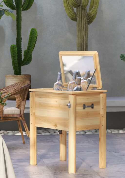 Wooden Outdoor Cooler, Beverage Cooler with Bottle Opener for Backyard Deck Poolside Party, 54 Quart, Natural