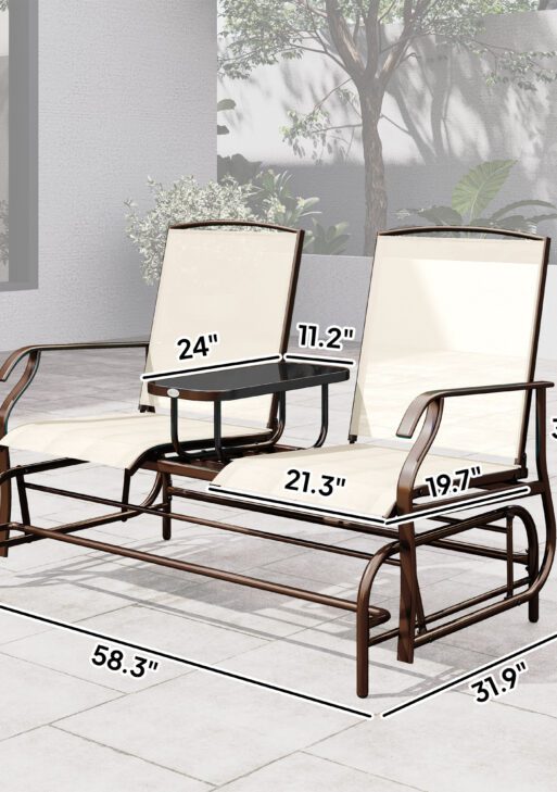 Outdoor Glider Bench with Center Table, Metal Frame Patio Loveseat with Breathable Mesh Fabric and Armrests for Backyard Garden Porch, Beige