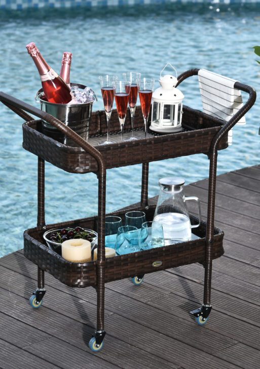 PE Rattan Outdoor Bar Table, Outdoor Kitchen Island with 2-Tier Shelf, Wheeled Patio Serving Cart with Brakes for Poolside, Garden, Brown