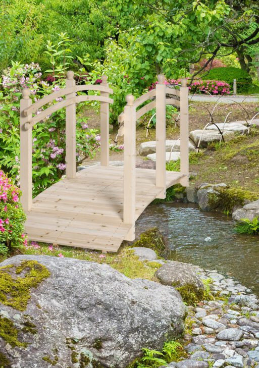 7.5' Wooden Arch Garden Bridge, Safety Rails for Backyard Ponds, Creeks, Streams, Natural