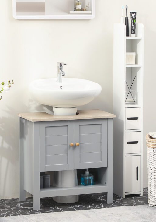 Pedestal Sink Storage Cabinet, Under Sink Cabinet, Bathroom Vanity Cabinet with Adjustable Shelf and Open Bottom Shelf, Gray